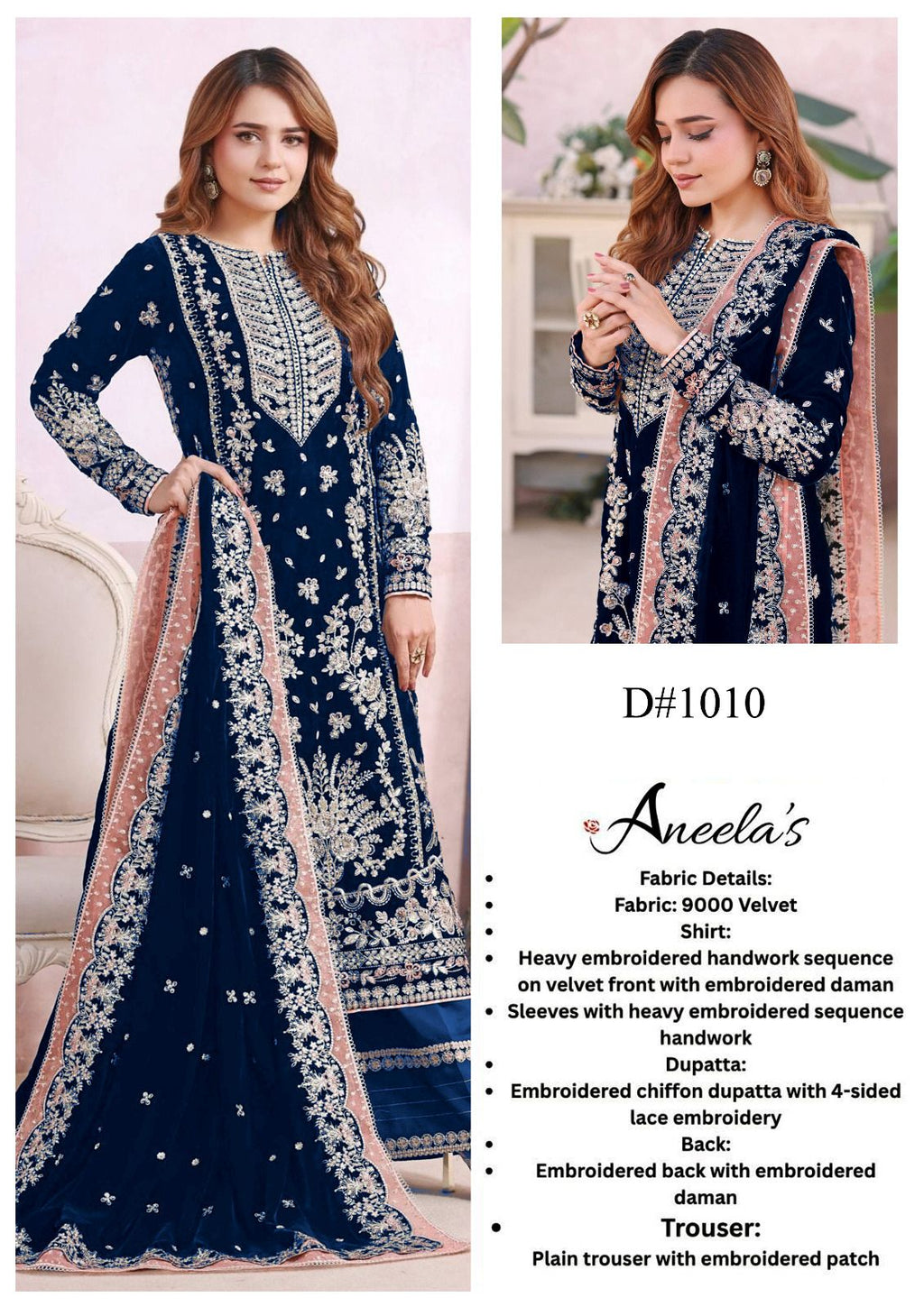Aneelas Unsticthed Heavy Embroidered Velvet Micro 9000 & Chiffon