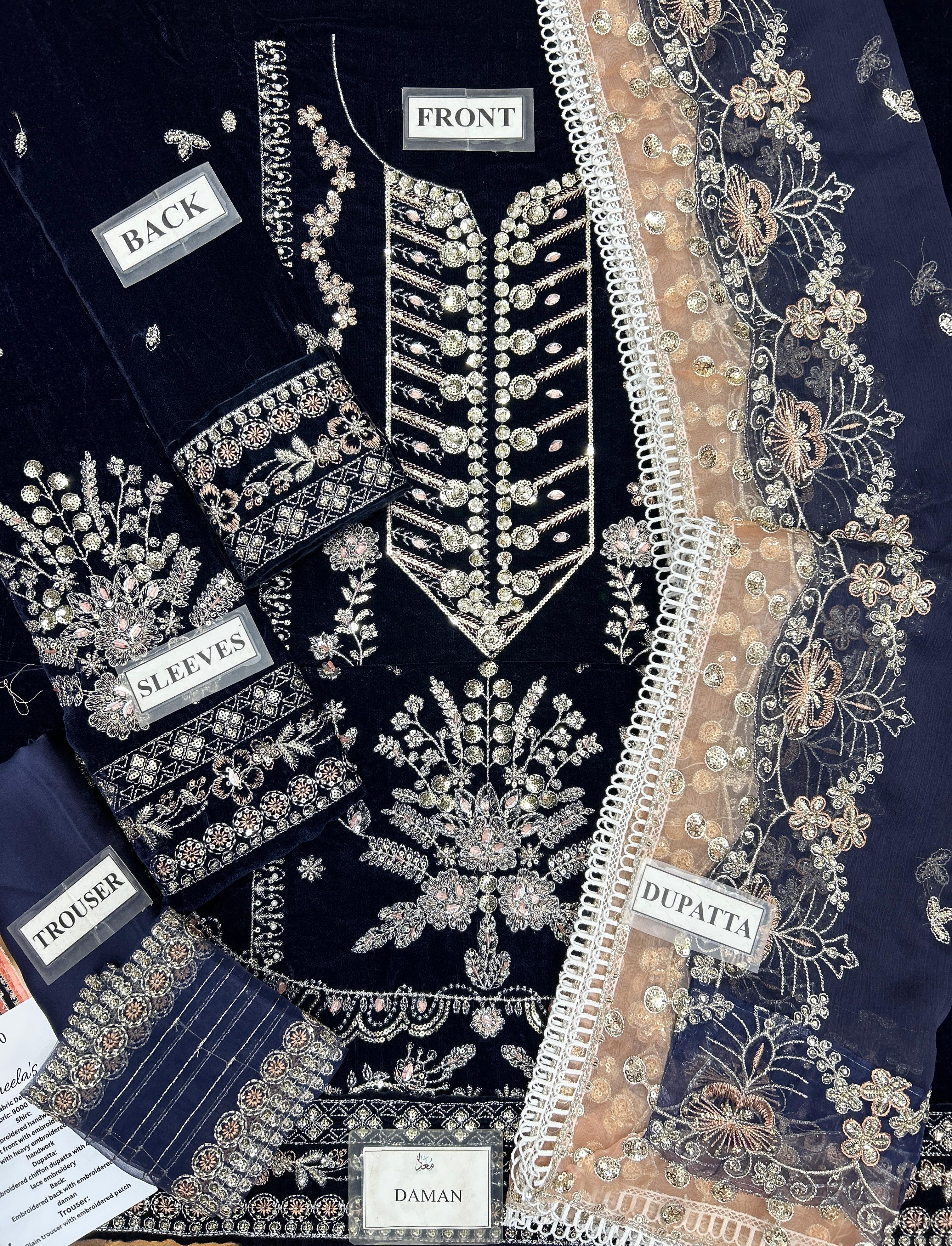 Aneelas Unsticthed Heavy Embroidered Velvet Micro 9000 & Chiffon