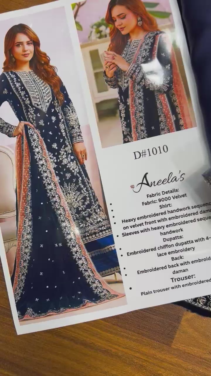 Aneelas Unsticthed Heavy Embroidered Velvet Micro 9000 & Chiffon